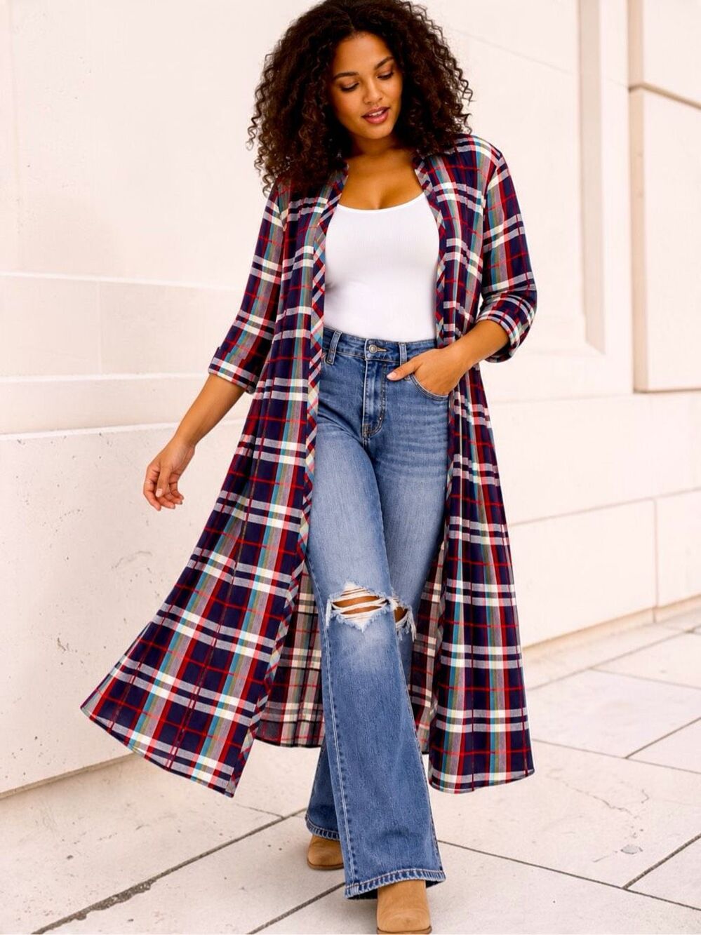Torrid Size 2 Maxi Kimono Duster Red Blue Plaid Challis Long Cardigan Wrap NWOT